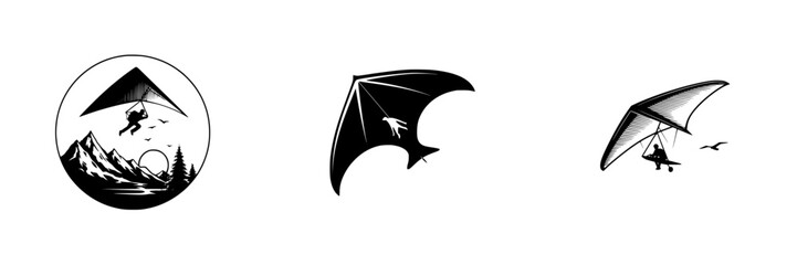 Hang gliding over mountains and trees with birds in the sky, minimalist monochrome icons