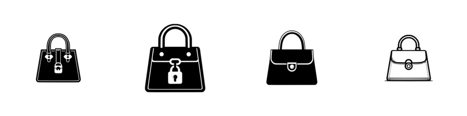 Assorted Handbags with Locks and Clasps, minimalist monochrome icons
