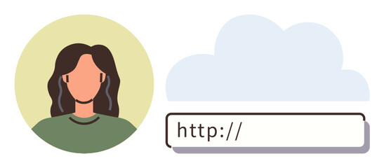 Female avatar next to search bar and cloud element, representing internet search, user profiles, and web activity. Ideal for online identity, networking, web design, cloud services, data technology