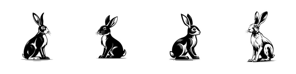 Four stylized rabbits in profile, sitting and looking forward, detailed fur texture, minimalist monochrome icons