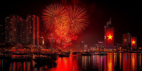 Fototapeta premium Hanoi Vietnam Skyline With Fireworks Celebration At Night: Colorful Explosions Over Skyscrapers And Reflections On Water During Festive Event
