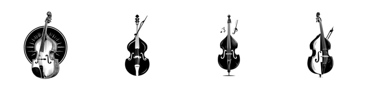 Stylized double bass instruments with bows and musical notes, minimalist monochrome icons