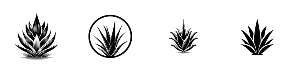 Agave plant silhouettes, stylized succulent leaves, natural desert elements, minimalist monochrome icons