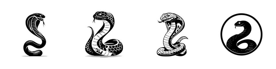Stylized Cobra Snake Icons and Emblem, minimalist monochrome icons