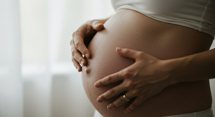 Close-up of a pregnant woman's belly, hands gently cradling her abdomen, wearing a white top, with soft light.