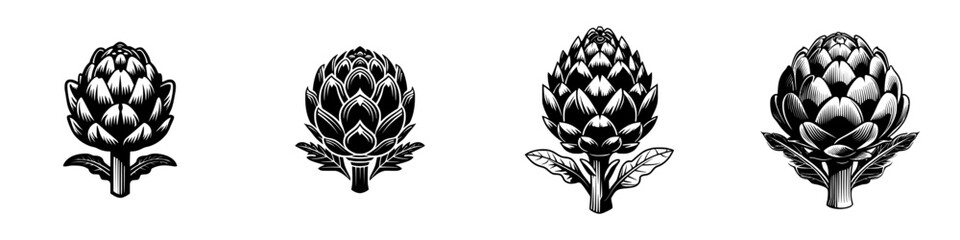 Artichoke botanical elements with leaves and stem, linocut style, minimalist monochrome icons