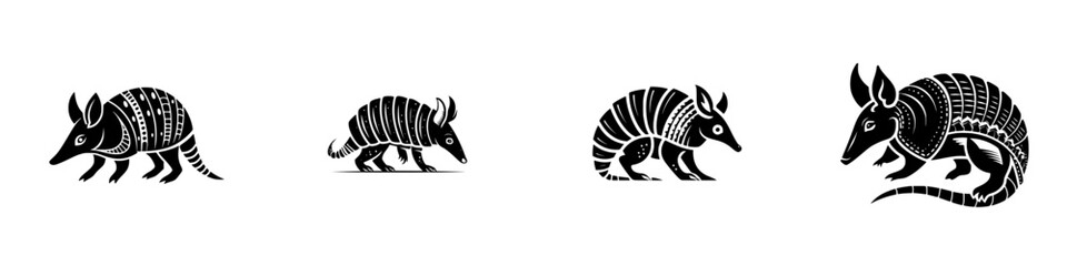 Four stylized armadillos with unique patterns and poses, graphic elements, minimalist monochrome icons