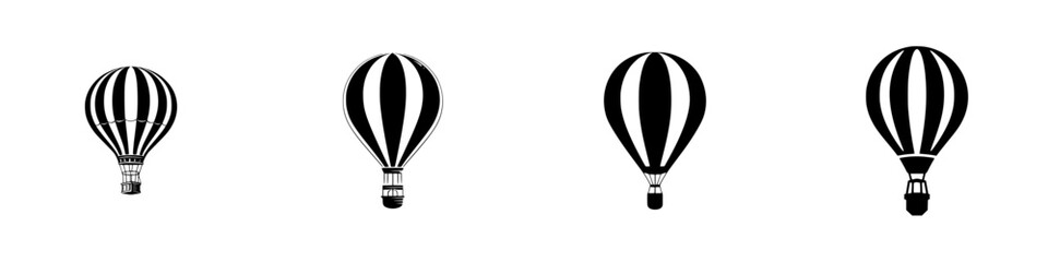 Four black and white hot air balloons with striped envelopes and baskets, minimalist monochrome icons