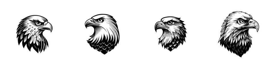 Eagle Heads in Profile, Detailed Hatching Style, minimalist monochrome icons