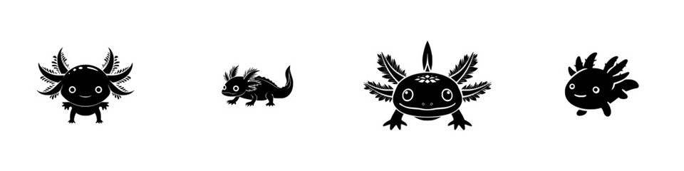 Fototapeta premium Axolotl Animal Designs: Front, Side, and Stylized Views, minimalist monochrome icons