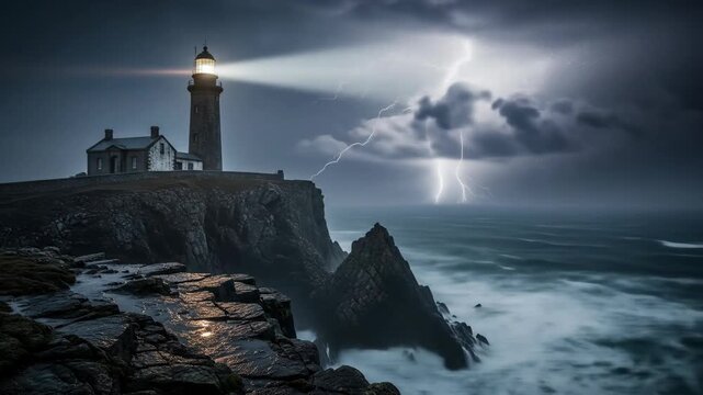 Isolated lighthouse casting guiding beam across tempestuous sea during electrical storm