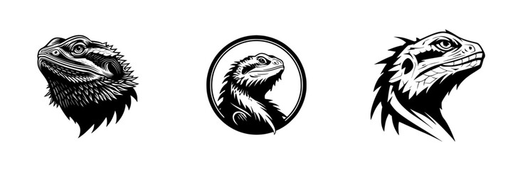 Bearded Dragon Head Silhouette with Spiky Mane and Detailed Eyes, minimalist monochrome icons