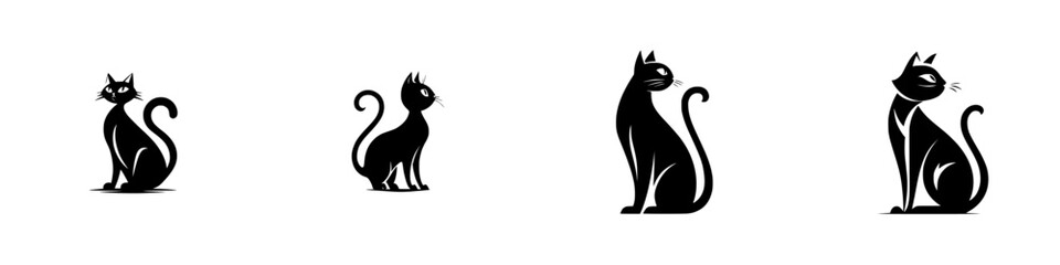 Stylized Black Cats in Profile and Front Views, minimalist monochrome icons