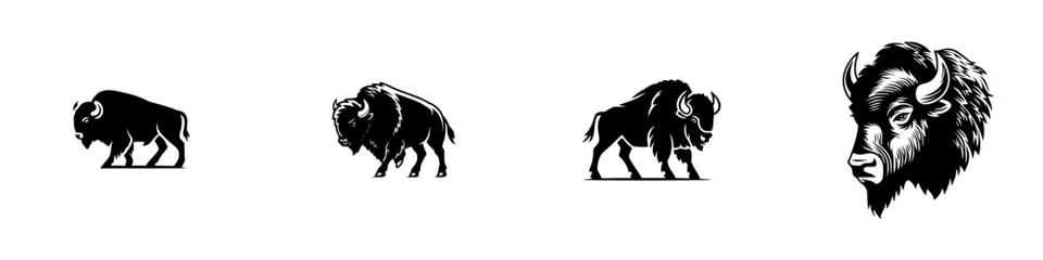 American Bison Silhouette Set: Full Body and Head Views, minimalist monochrome icons