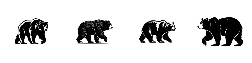 Obraz premium Four black bears walking in profile, stylized graphic art, minimalist monochrome icons