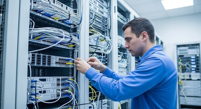 A focused technician meticulously connects network cables to a server rack in a modern data center.