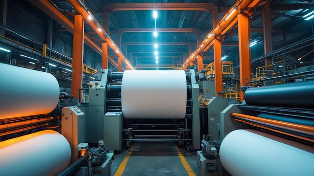 Large industrial paper production machine with massive white paper rolls inside modern factory illuminated by orange and blue lighting