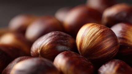 Close-up of a group of chestnuts. the chestnuts are dark brown in color and have a smooth texture. they are arranged in a scattered manner, with some overlapping each other.