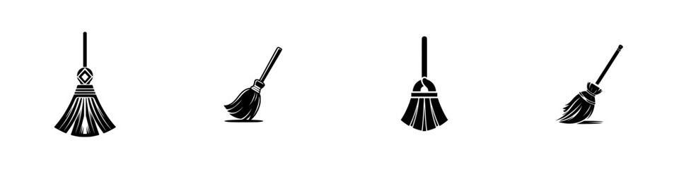 Stylized broom icons with handles and bristles, isolated on white, minimalist monochrome icons