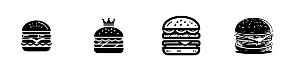 Stylized hamburger icons with diverse fillings and designs, minimalist monochrome icons