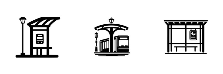 Public transit stations with shelters and street lamps, minimalist monochrome icons © Andrei