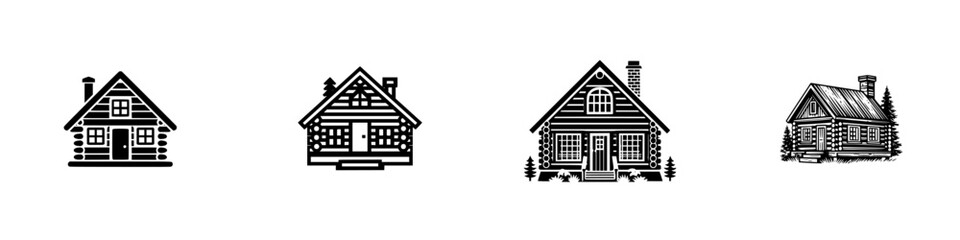 Stylized log cabin icons with chimneys on white background, minimalist monochrome icons