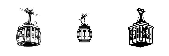 Vintage cable car cabins suspended on wires, urban cityscapes and transport design, minimalist monochrome icons