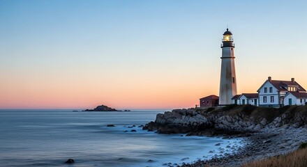 Naklejka premium A tranquil coastal scene at sunrise, featuring a majestic lighthouse standing guard over the calm ocean.