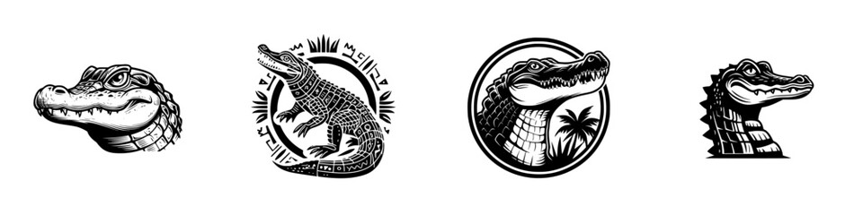 Alligator Head and Body Tribal Pattern Graphics, minimalist monochrome icons