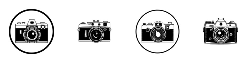 Vintage camera icons and emblems, black and white collection, minimalist monochrome icons