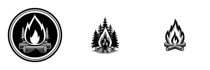 Campfire Emblem with Pine Trees and Flames, minimalist monochrome icons