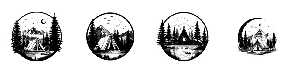 Mountain camping scene with tent and starry night sky, minimalist monochrome icons