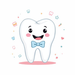 Cute cartoon tooth character with bowtie