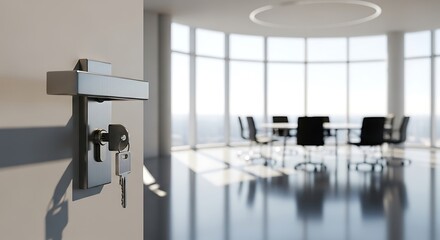 A modern door handle with keys, opening to a blurred modern office space with a circular meeting table.