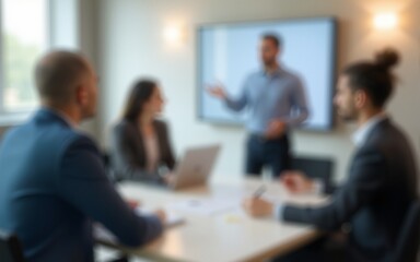Blur office meeting blurred background with business people working group in boardroom discussion for teamwork brainstorming, executive seminar or professional training in small startup enterprise