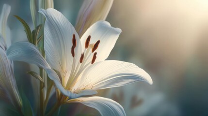 Close-up of a white lily flower. the flower has multiple layers of petals, with the center being the largest and the outermost layer being the smallest.