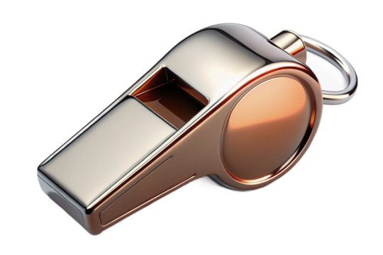 Realistic silver and gold metal whistle object isolated for sports and refereeing transparent background