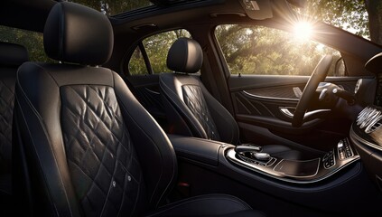 Fototapeta premium A luxurious interior view of a modern automobile, showcasing intricate quilted leather seats and sunlit ambiance.