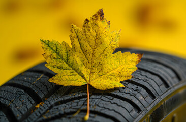 autumn leaf resting on a car tire against yellow background closeup symbolizing seasonal change and fall driving safety perfect for automotive advertising and autumn promotion visuals