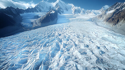 Glacier panoramic view, blue ice meets the ocean, landscape inspired by South Pole Glacier