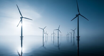 A tranquil scene of numerous wind turbines standing tall in a calm body of water, bathed in the soft light of dawn or dusk.
