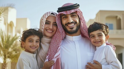 Happy Saudi family smiling together outdoors in traditional dress