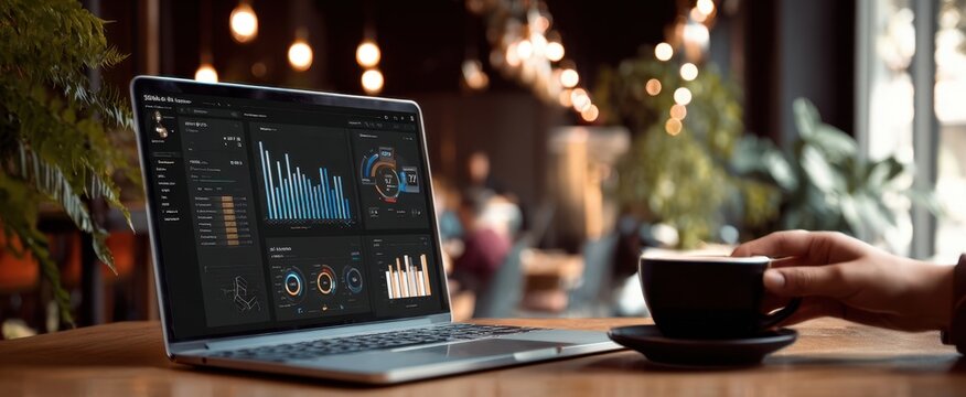 The laptop displaying business analytics dashboard on wooden cafe table next to coffee