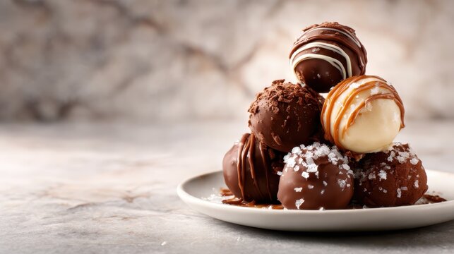 A tempting collection of chocolate truffles displayed on a plate, showcasing decadent treats that entice chocolate lovers and evoke indulgence.