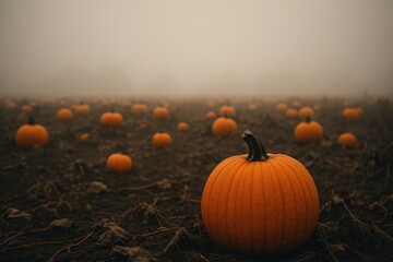 Foggy pumpkin field autumn