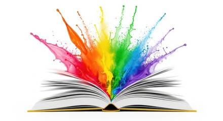 Open Book with Colorful Paint Splash Explosion on White Background
