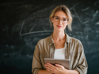 Young woman holding tablet and smiling against chalkboard background