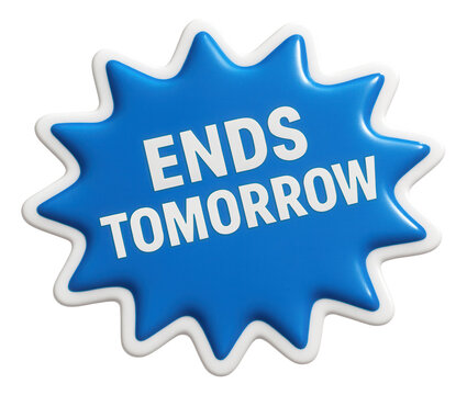 Blue burst sticker with ENDS TOMORROW offer in bold letters, urgent retail promo reminder on transparent background.