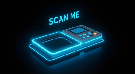 Scan Me Neon Sign with Scanner Device | Glowing Blue Light Technology Concept for Business Promotions and Information Marketing