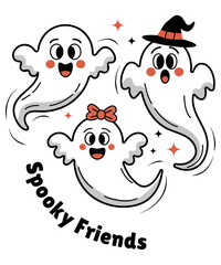 Cute cartoon ghosts illustration for Halloween designs. Perfect for posters, stickers, kids decor, party invitations, prints, and seasonal projects.